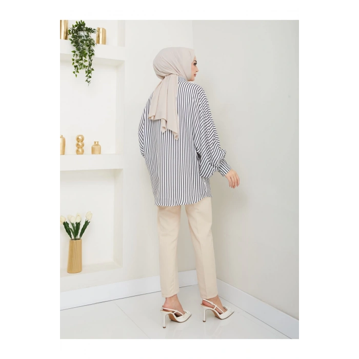 DESENLİ ÇİZGİLİ JESİCA GÖMLEK STANDERT BEDEN UZUN KOL 2506 SİYAH