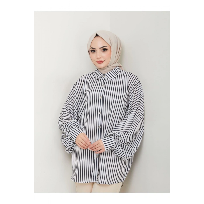 DESENLİ ÇİZGİLİ JESİCA GÖMLEK STANDERT BEDEN UZUN KOL 2506 SİYAH