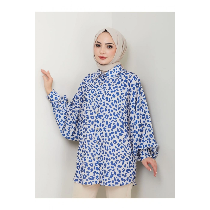 LEOPAR DESENLİ JESİCA GÖMLEK STANDERT BEDEN UZUN KOL 2508 SKAS MAVİ