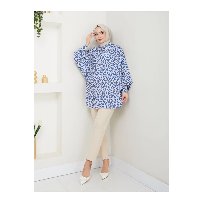 LEOPAR DESENLİ JESİCA GÖMLEK STANDERT BEDEN UZUN KOL 2508 SKAS MAVİ