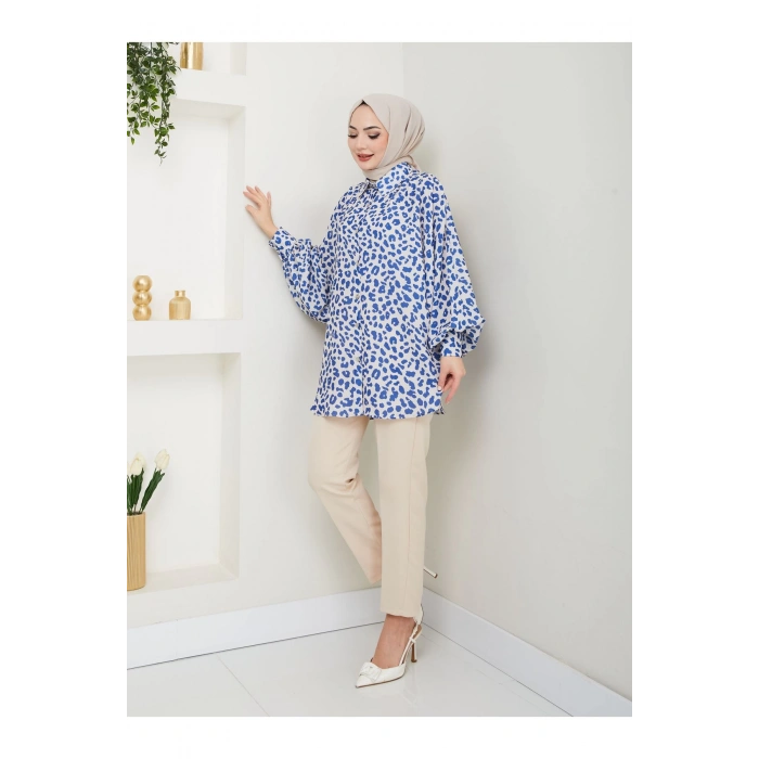 LEOPAR DESENLİ JESİCA GÖMLEK STANDERT BEDEN UZUN KOL 2508 SKAS MAVİ