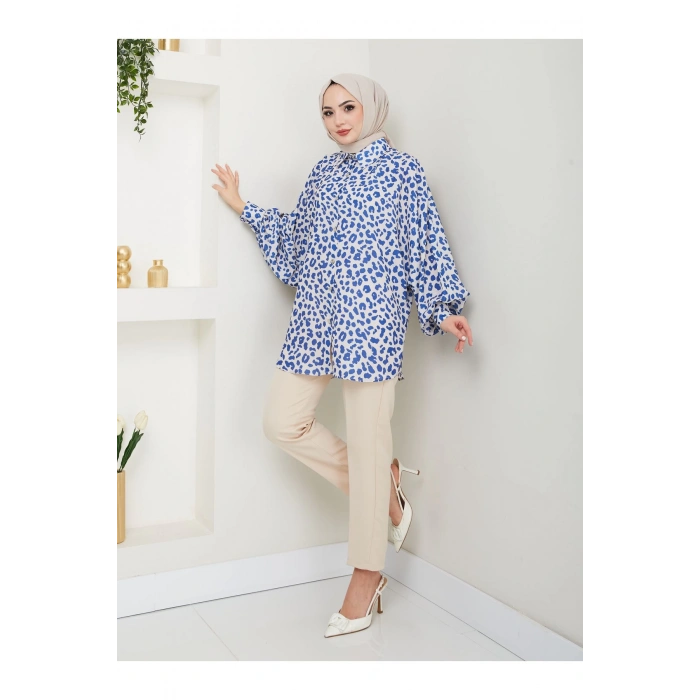 LEOPAR DESENLİ JESİCA GÖMLEK STANDERT BEDEN UZUN KOL 2508 SKAS MAVİ