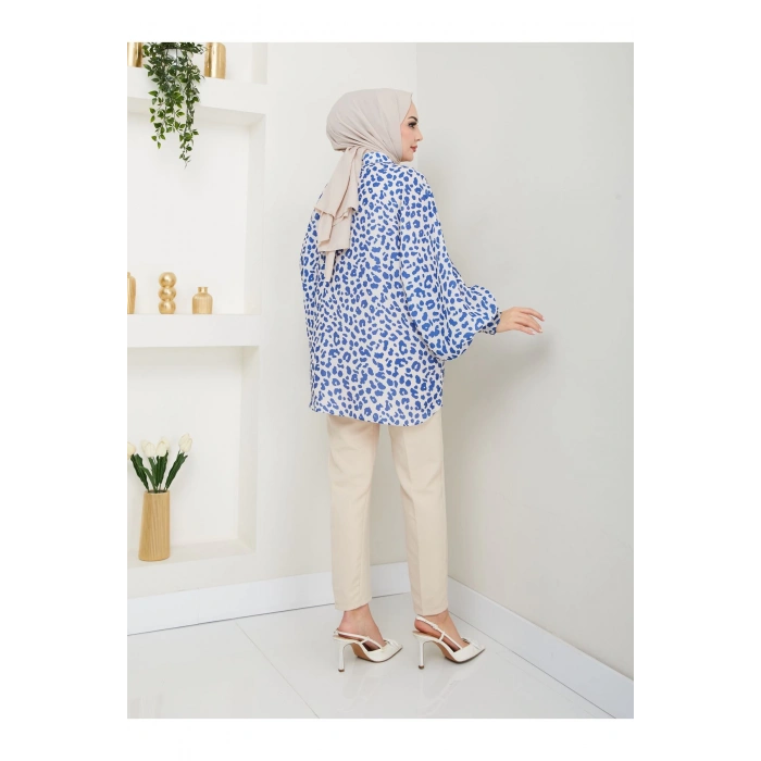 LEOPAR DESENLİ JESİCA GÖMLEK STANDERT BEDEN UZUN KOL 2508 SKAS MAVİ