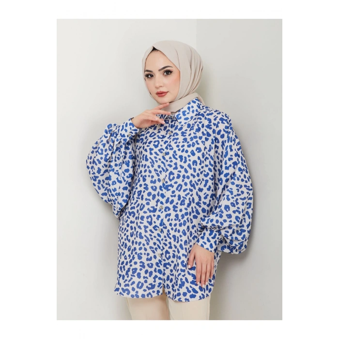 LEOPAR DESENLİ JESİCA GÖMLEK STANDERT BEDEN UZUN KOL 2508 SKAS MAVİ