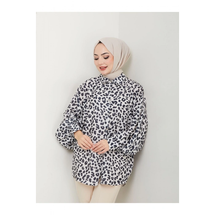 Leopar Desenli̇ Jesi̇ca Gömlek Standert Beden Uzun Kol  Si̇yah