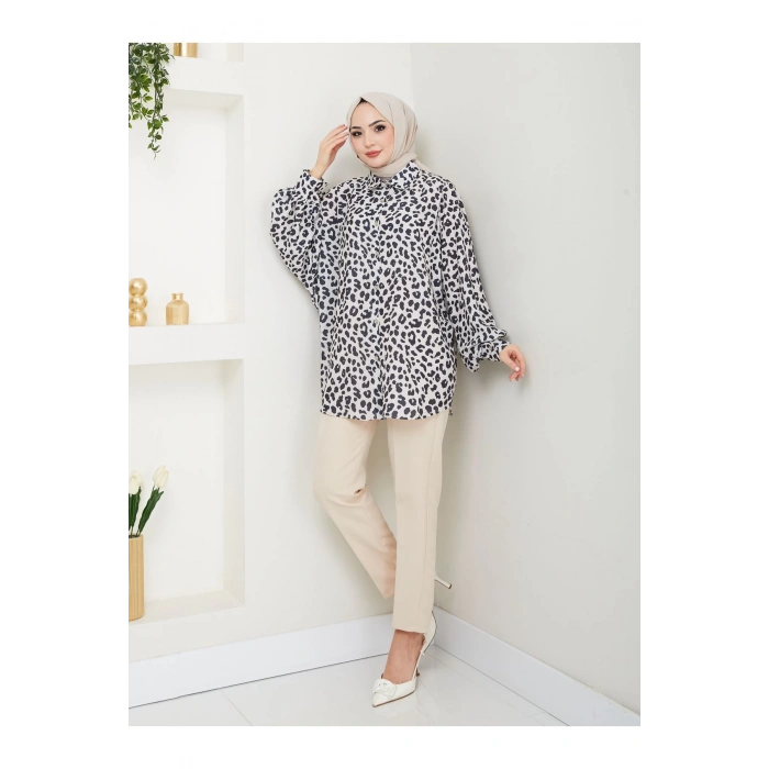 Leopar Desenli̇ Jesi̇ca Gömlek Standert Beden Uzun Kol  Si̇yah