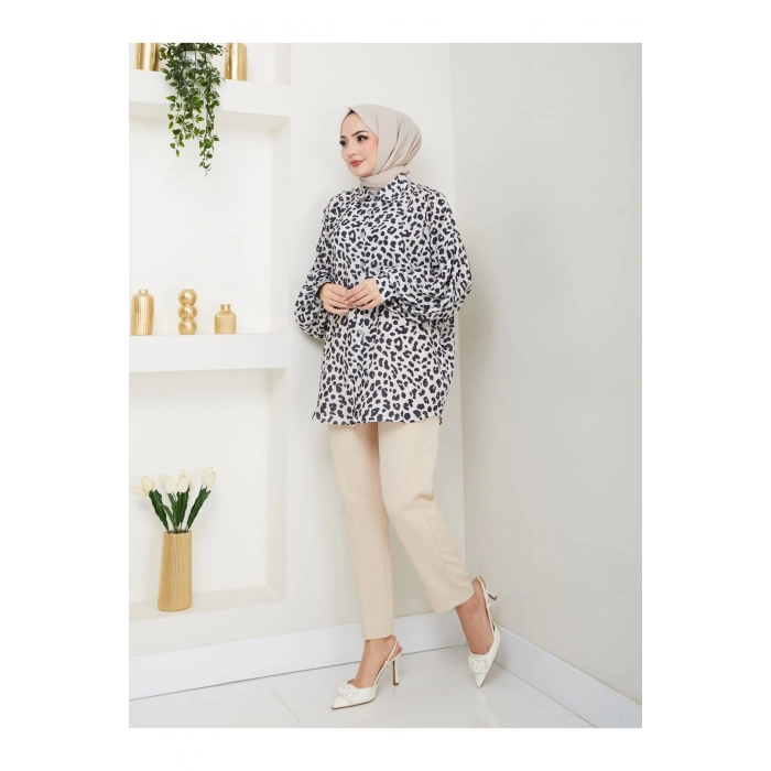 Leopar Desenli̇ Jesi̇ca Gömlek Standert Beden Uzun Kol  Si̇yah