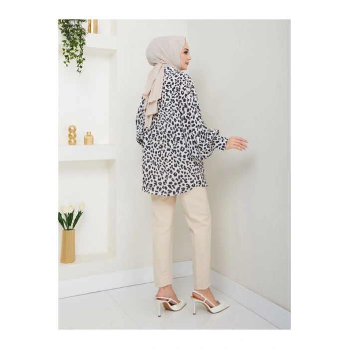Leopar Desenli̇ Jesi̇ca Gömlek Standert Beden Uzun Kol  Si̇yah