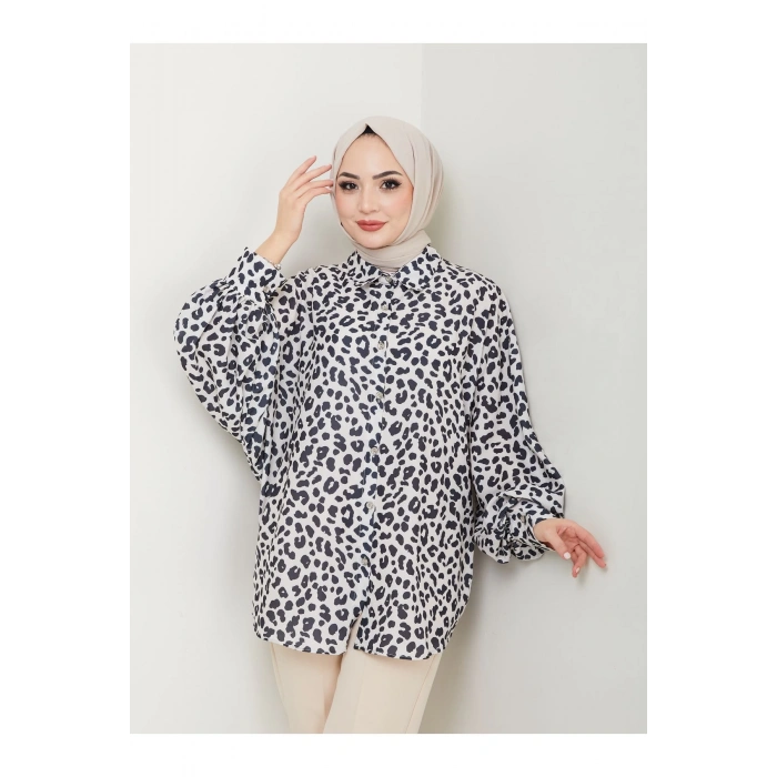 Leopar Desenli̇ Jesi̇ca Gömlek Standert Beden Uzun Kol  Si̇yah