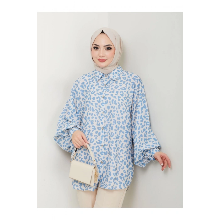LEOPAR DESENLİ JESİCA GÖMLEK STANDERT BEDEN UZUN KOL 2508 MAVİ