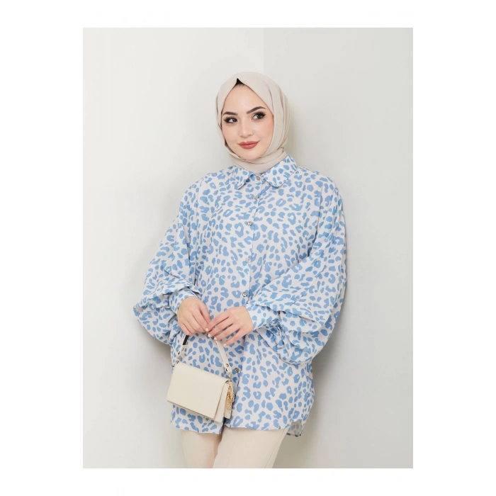 LEOPAR DESENLİ JESİCA GÖMLEK STANDERT BEDEN UZUN KOL 2508 MAVİ