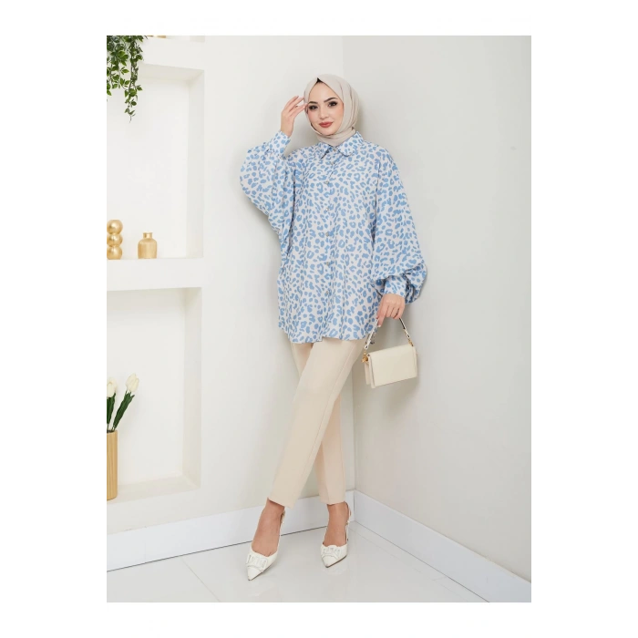 LEOPAR DESENLİ JESİCA GÖMLEK STANDERT BEDEN UZUN KOL 2508 MAVİ