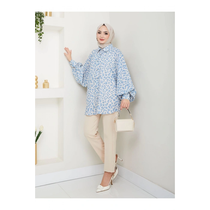 LEOPAR DESENLİ JESİCA GÖMLEK STANDERT BEDEN UZUN KOL 2508 MAVİ