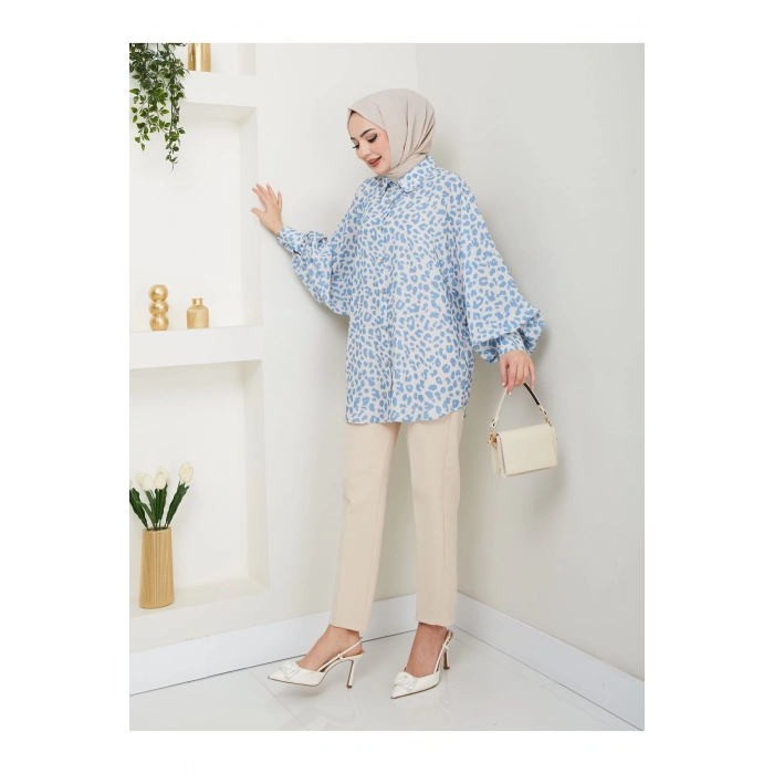 LEOPAR DESENLİ JESİCA GÖMLEK STANDERT BEDEN UZUN KOL 2508 MAVİ