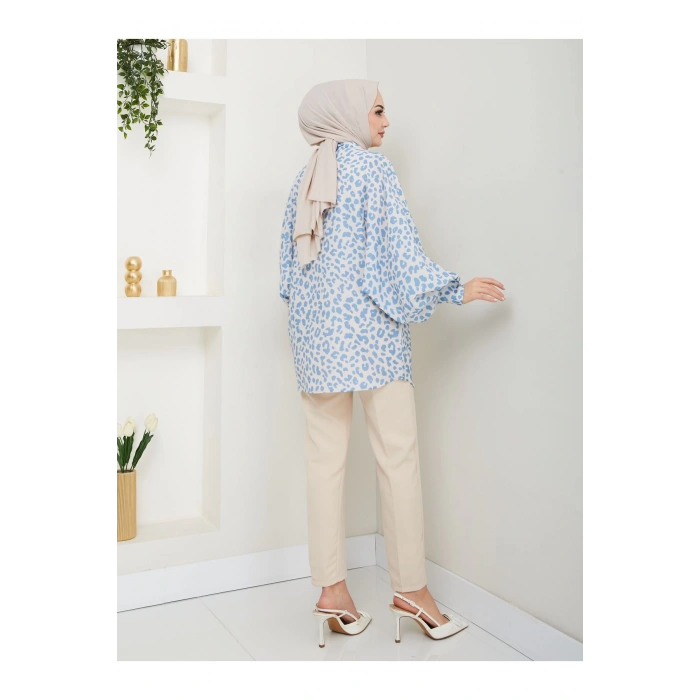 LEOPAR DESENLİ JESİCA GÖMLEK STANDERT BEDEN UZUN KOL 2508 MAVİ