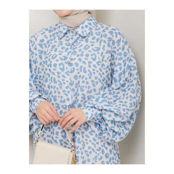 LEOPAR DESENLİ JESİCA GÖMLEK STANDERT BEDEN UZUN KOL 2508 MAVİ