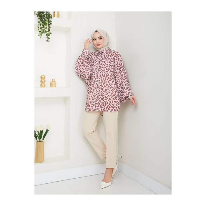 LEOPAR DESENLİ JESİCA GÖMLEK UZUN KOL 2508 BORDO 38 BEDENDIR
