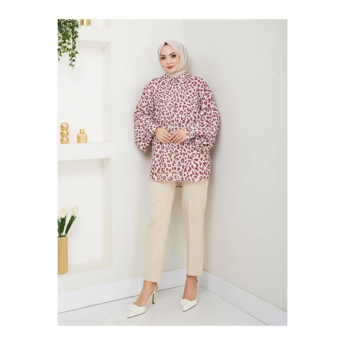 LEOPAR DESENLİ JESİCA GÖMLEK UZUN KOL 2508 BORDO 38 BEDENDIR