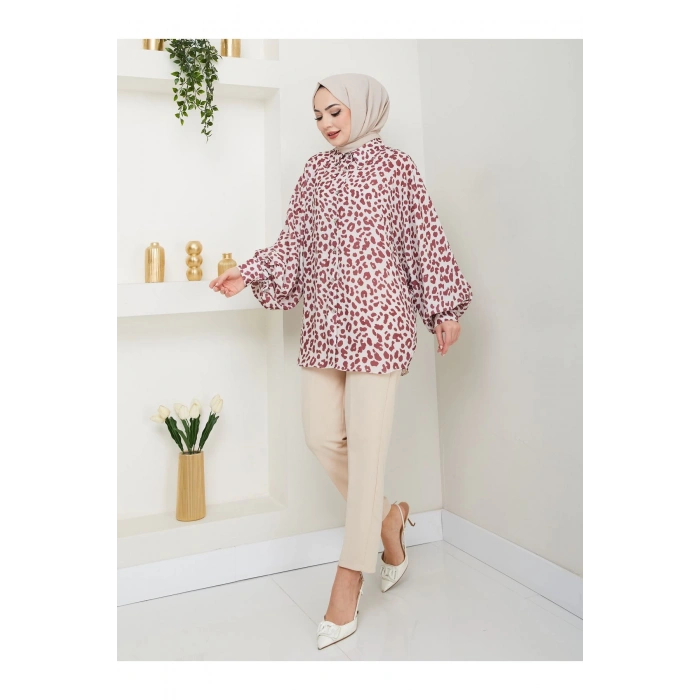 LEOPAR DESENLİ JESİCA GÖMLEK UZUN KOL 2508 BORDO 38 BEDENDIR