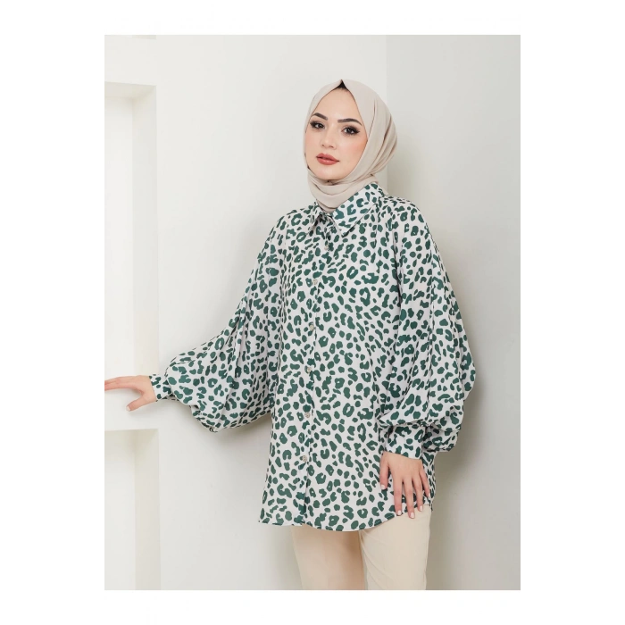 LEOPAR DESENLİ GÖMLEK UZUN KOL 2508 ZÜMRÜT 38 BEDEN