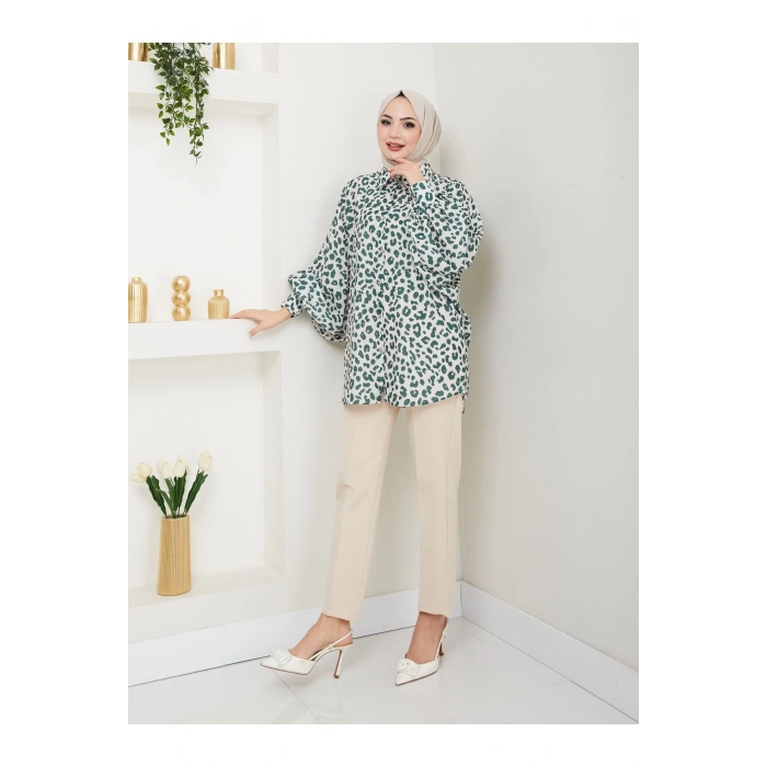 LEOPAR DESENLİ GÖMLEK UZUN KOL 2508 ZÜMRÜT 38 BEDEN