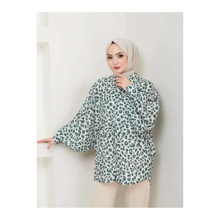 LEOPAR DESENLİ GÖMLEK UZUN KOL 2508 ZÜMRÜT 38 BEDEN