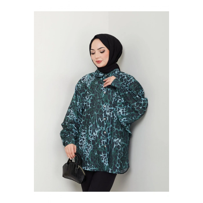 LEOPAR DESENLİ JESİCA GÖMLEK STANDERT BEDEN UZUN KOL 2508 KOYU ZÜMRÜT