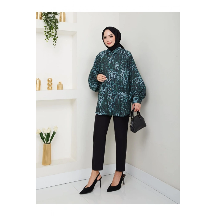 LEOPAR DESENLİ JESİCA GÖMLEK STANDERT BEDEN UZUN KOL 2508 KOYU ZÜMRÜT