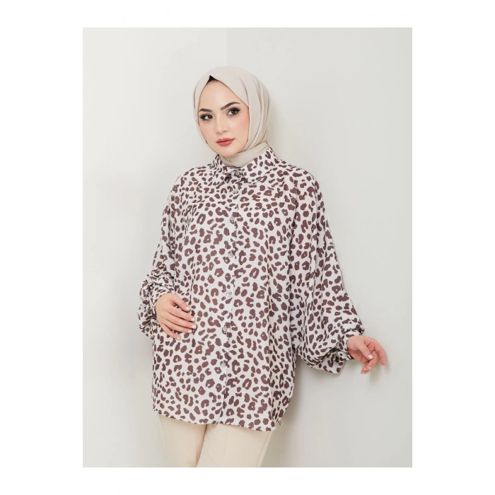 قميص جيسيكا بنقشة الفهد، مقاس موحد، بأكمام طويلة 2508 بني