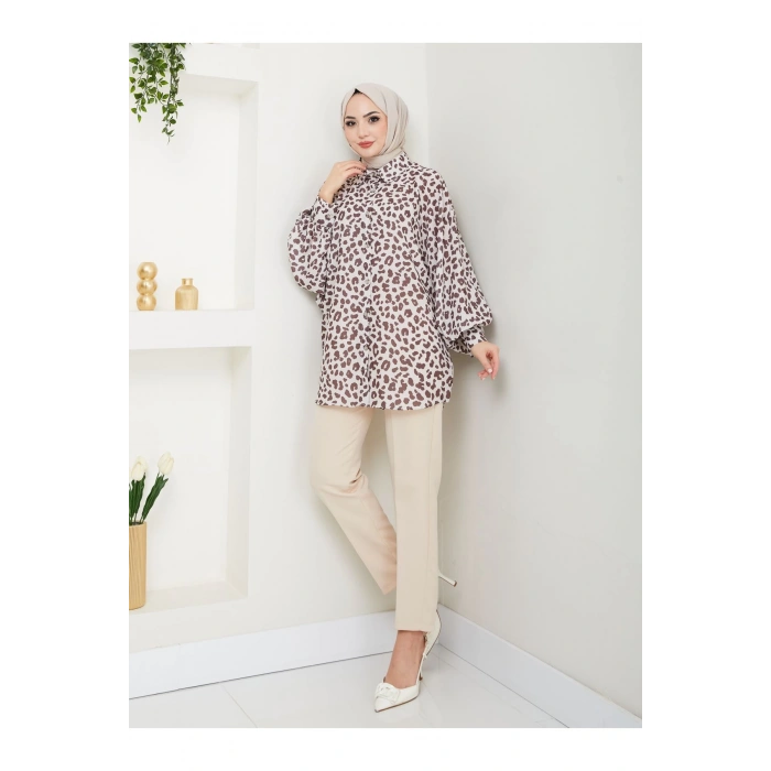 قميص جيسيكا بنقشة الفهد، مقاس موحد، بأكمام طويلة 2508 بني
