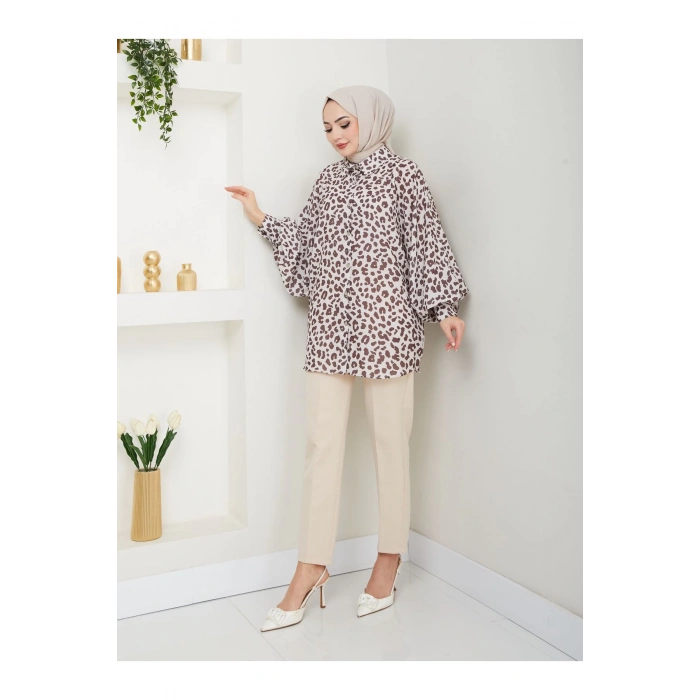 قميص جيسيكا بنقشة الفهد، مقاس موحد، بأكمام طويلة 2508 بني