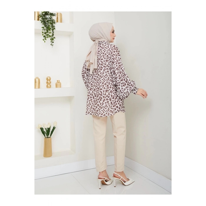 قميص جيسيكا بنقشة الفهد، مقاس موحد، بأكمام طويلة 2508 بني