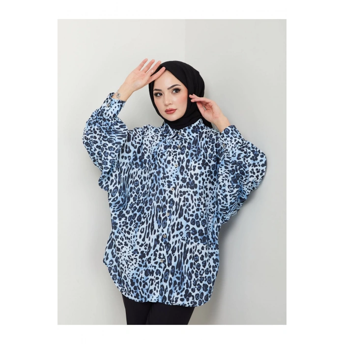 Leopar Desenli̇ Jesi̇ca Gömlek Standert Beden Uzun Kol 2508 Laci̇vert