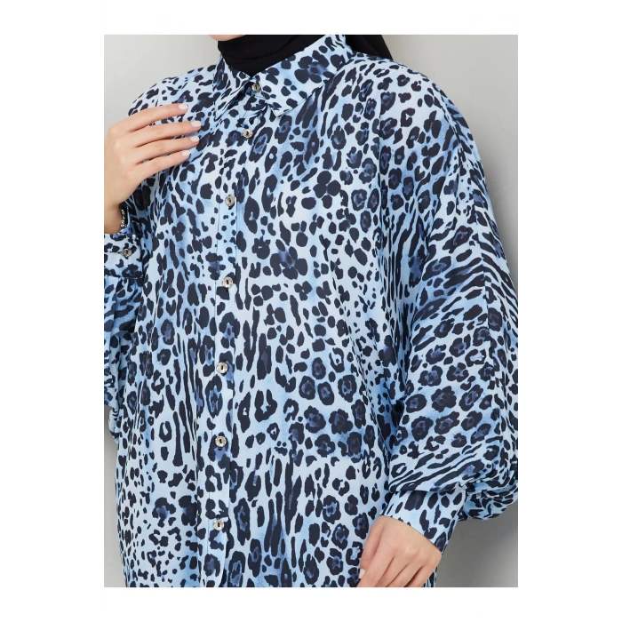 Leopar Desenli̇ Jesi̇ca Gömlek Standert Beden Uzun Kol 2508 Laci̇vert