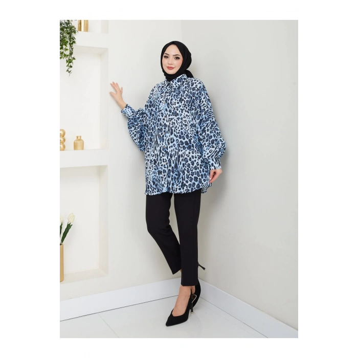 Leopar Desenli̇ Jesi̇ca Gömlek Standert Beden Uzun Kol 2508 Laci̇vert