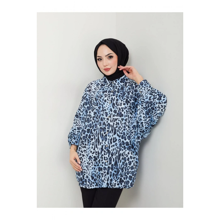 Leopar Desenli̇ Jesi̇ca Gömlek Standert Beden Uzun Kol 2508 Laci̇vert