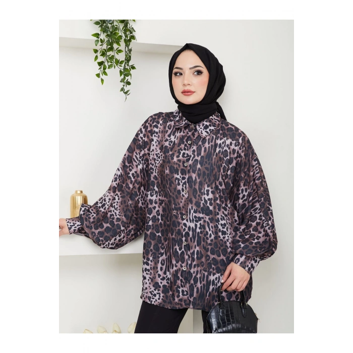 LEOPAR DESENLİ JESİCA GÖMLEK UZUN KOL KOYU KAHVE  BEDEN: 38