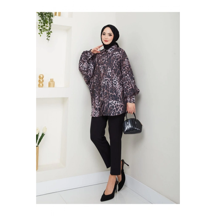 LEOPAR DESENLİ JESİCA GÖMLEK UZUN KOL KOYU KAHVE  BEDEN: 38