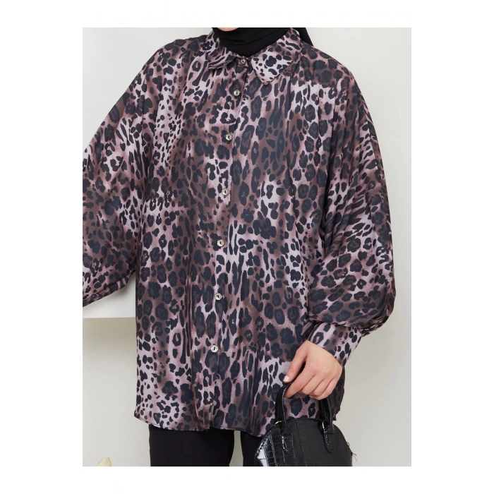 LEOPAR DESENLİ JESİCA GÖMLEK UZUN KOL KOYU KAHVE  BEDEN: 38