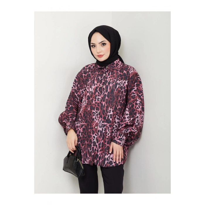 LEOPAR DESENLİ JESİCA GÖMLEK STANDERT BEDEN UZUN KOL 2508 KOYU BORDO