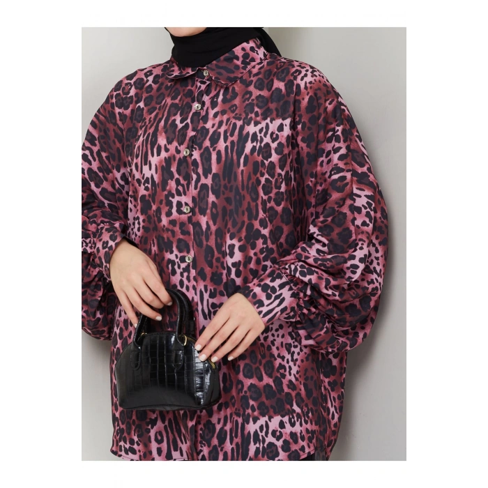 LEOPAR DESENLİ JESİCA GÖMLEK STANDERT BEDEN UZUN KOL 2508 KOYU BORDO