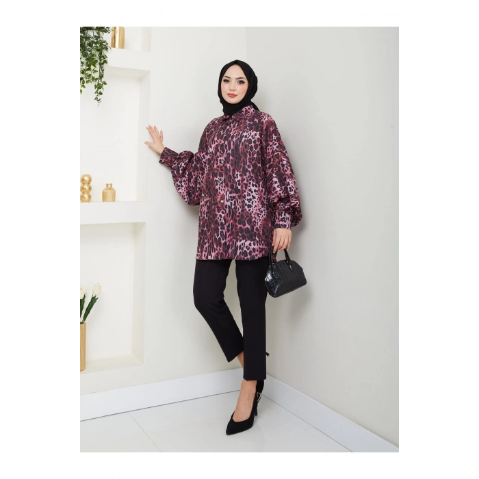 LEOPAR DESENLİ JESİCA GÖMLEK STANDERT BEDEN UZUN KOL 2508 KOYU BORDO