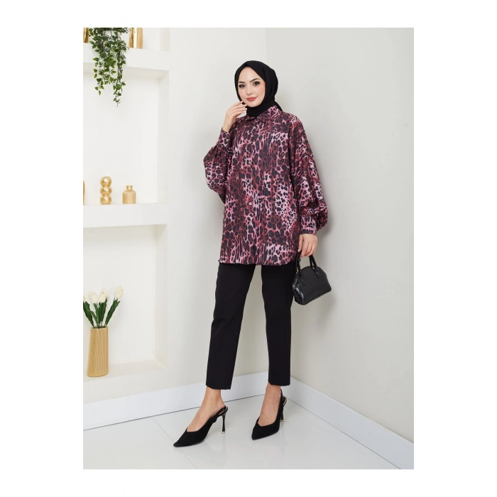 LEOPAR DESENLİ JESİCA GÖMLEK STANDERT BEDEN UZUN KOL 2508 KOYU BORDO