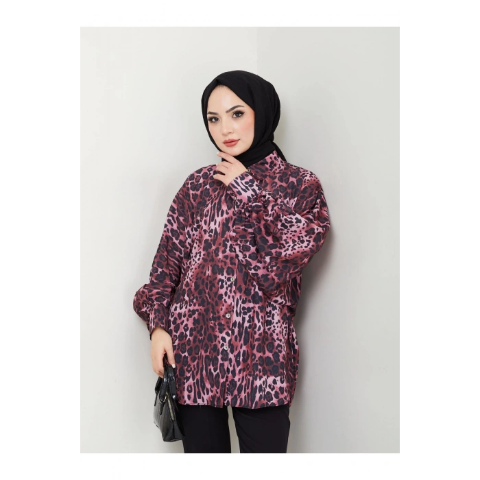 LEOPAR DESENLİ JESİCA GÖMLEK STANDERT BEDEN UZUN KOL 2508 KOYU BORDO