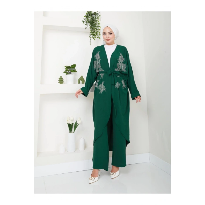 TAŞLİ KİMONO AYROBİN TESETTÜR TAKIM 634 ZÜMRÜT