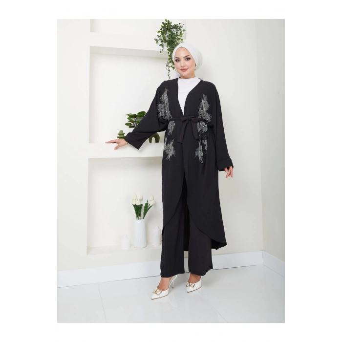 TAŞLİ KİMONO AYROBİN TESETTÜR TAKIM 634 SİYAH