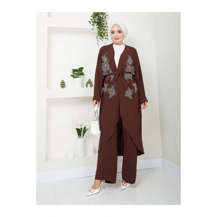 Taşli̇ Ki̇mono Ayrobi̇n Tesettür Takim 634 Kahve