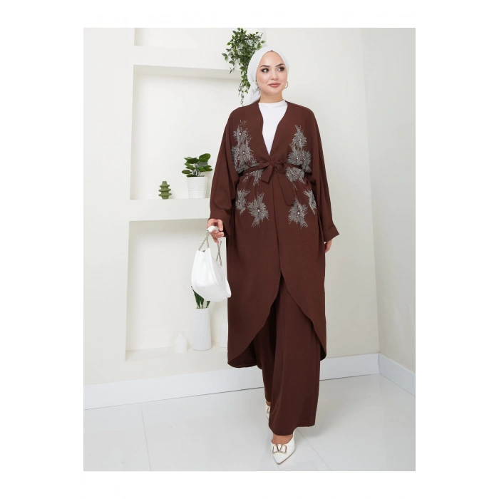 Taşli̇ Ki̇mono Ayrobi̇n Tesettür Takim 634 Kahve