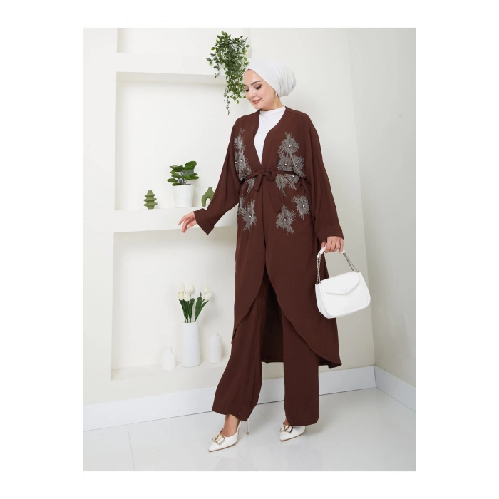 Taşli̇ Ki̇mono Ayrobi̇n Tesettür Takim 634 Kahve
