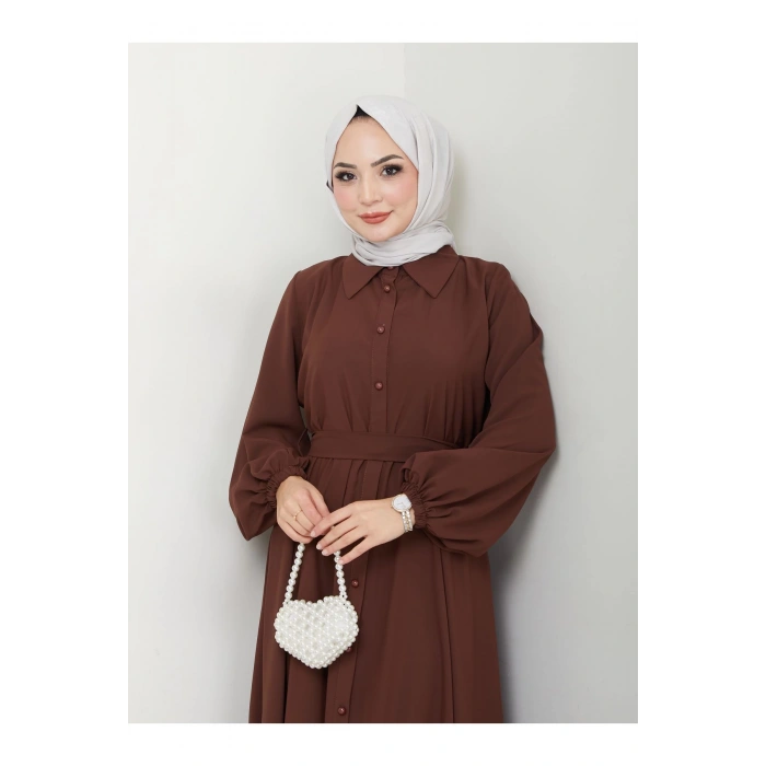 GÖMLEK YAKA ELBİSE KUŞAKLI FULL DÜĞME KAPAMA 2401